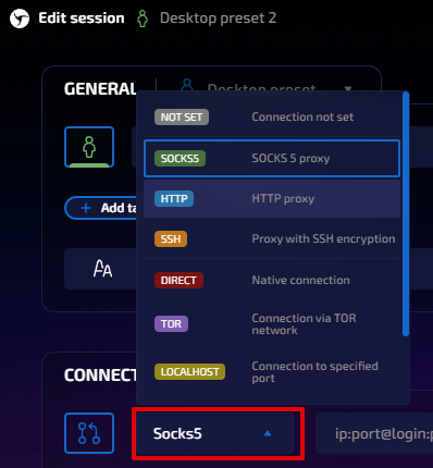 Select the correct proxy type from the dropdown menu